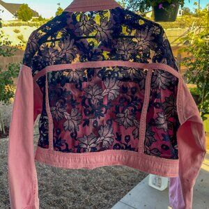 Upcycled Jean Jacket with Windowpane Lace Inserts, size M (7-9)